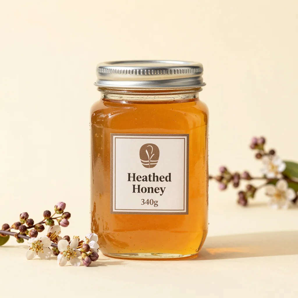 A 340g jar of heather honey on a light background