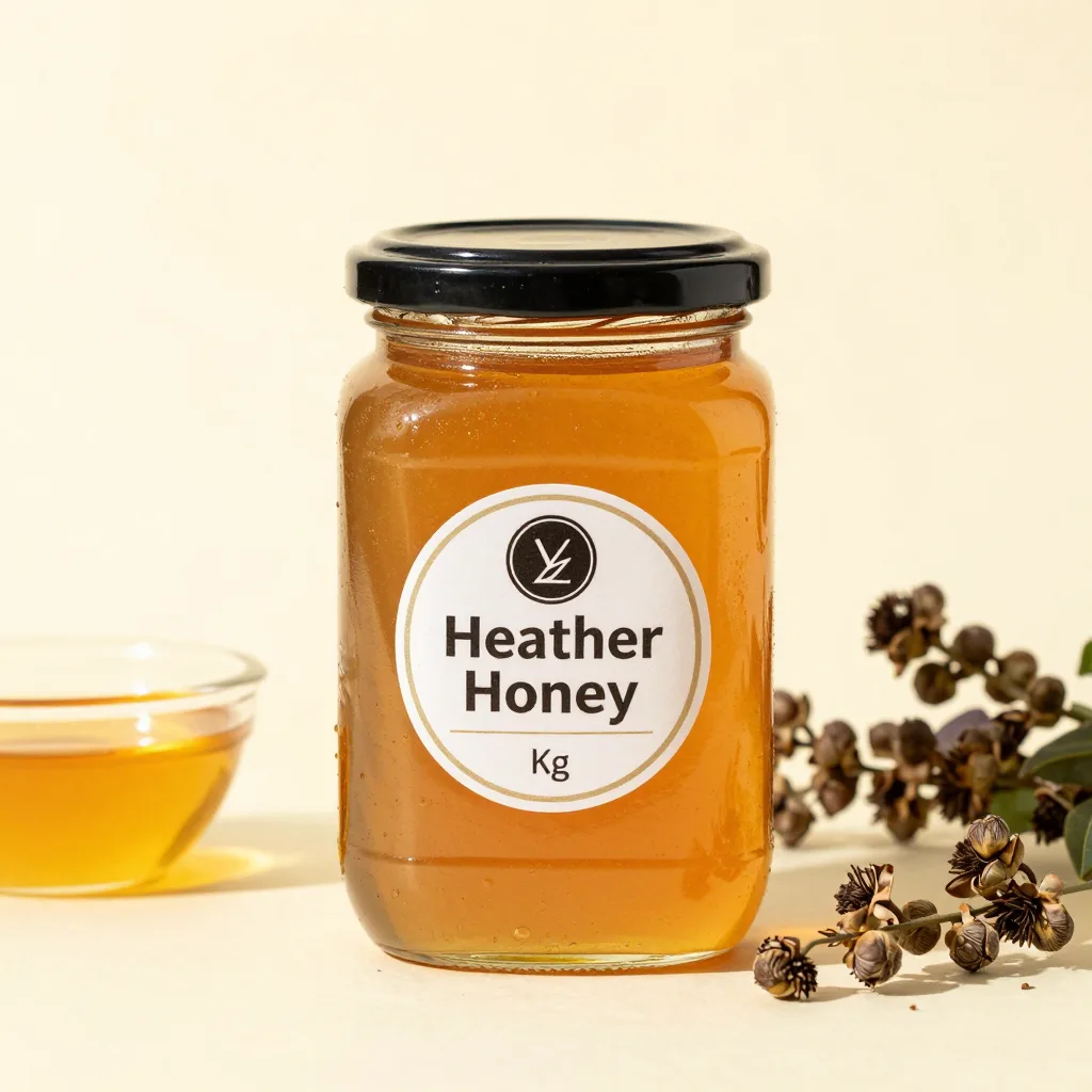 A 1kg jar of heather honey on a light background