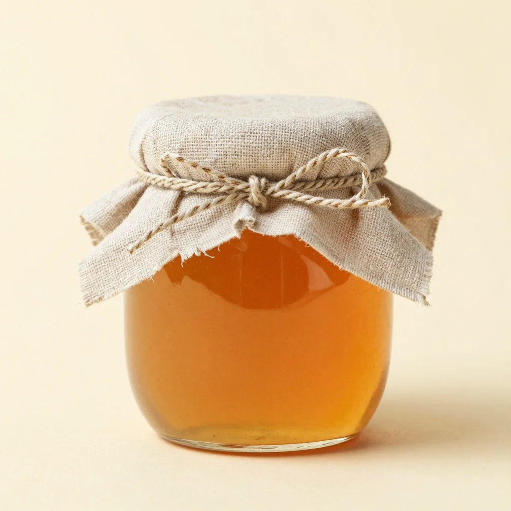 A heather honey gift jar in a linen wrap on a light background