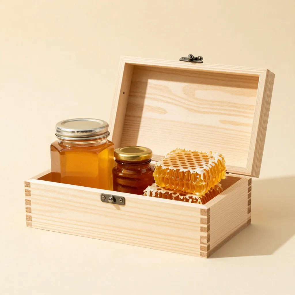 A moorland gift set with honey and honeycomb in a wooden box on a light background